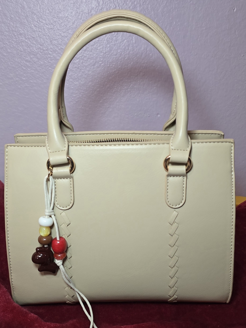 Cream Structured Tote Handbag with Bead Charm - Unbranded